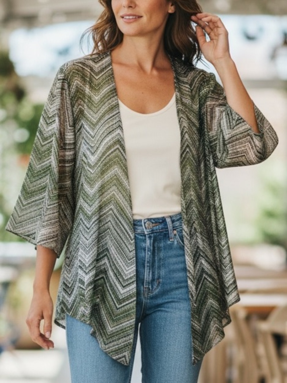 Liz Lange Olive and Gray Chevron Open-Front Cardigan